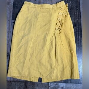 Burlapp Yellow Linen Blend Wrap Skirt Ruffle Button‎ Cottagecore